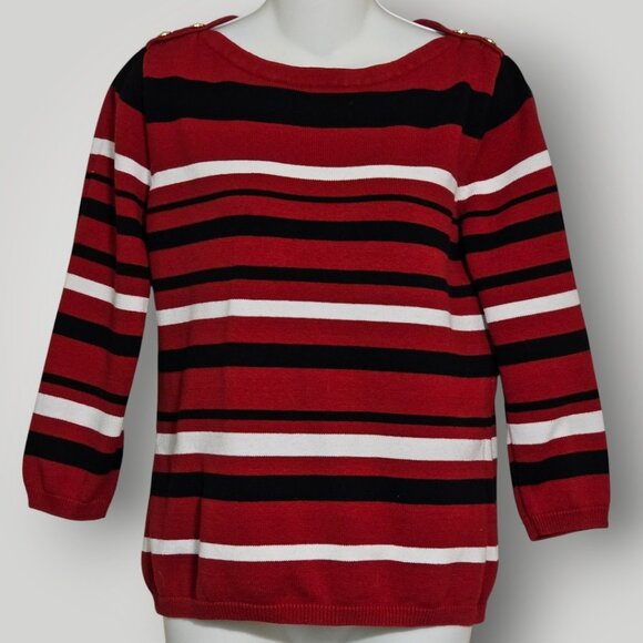 Chaps Classics Women’s M Red Black White Stripe 3/4 Sleeve Boat Neck Sweater - Picture 3 of 10